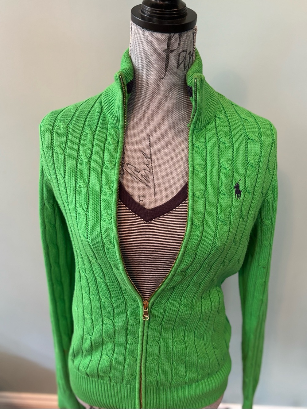 Ralph Lauren Green Cable-Knit Zip Cardigan